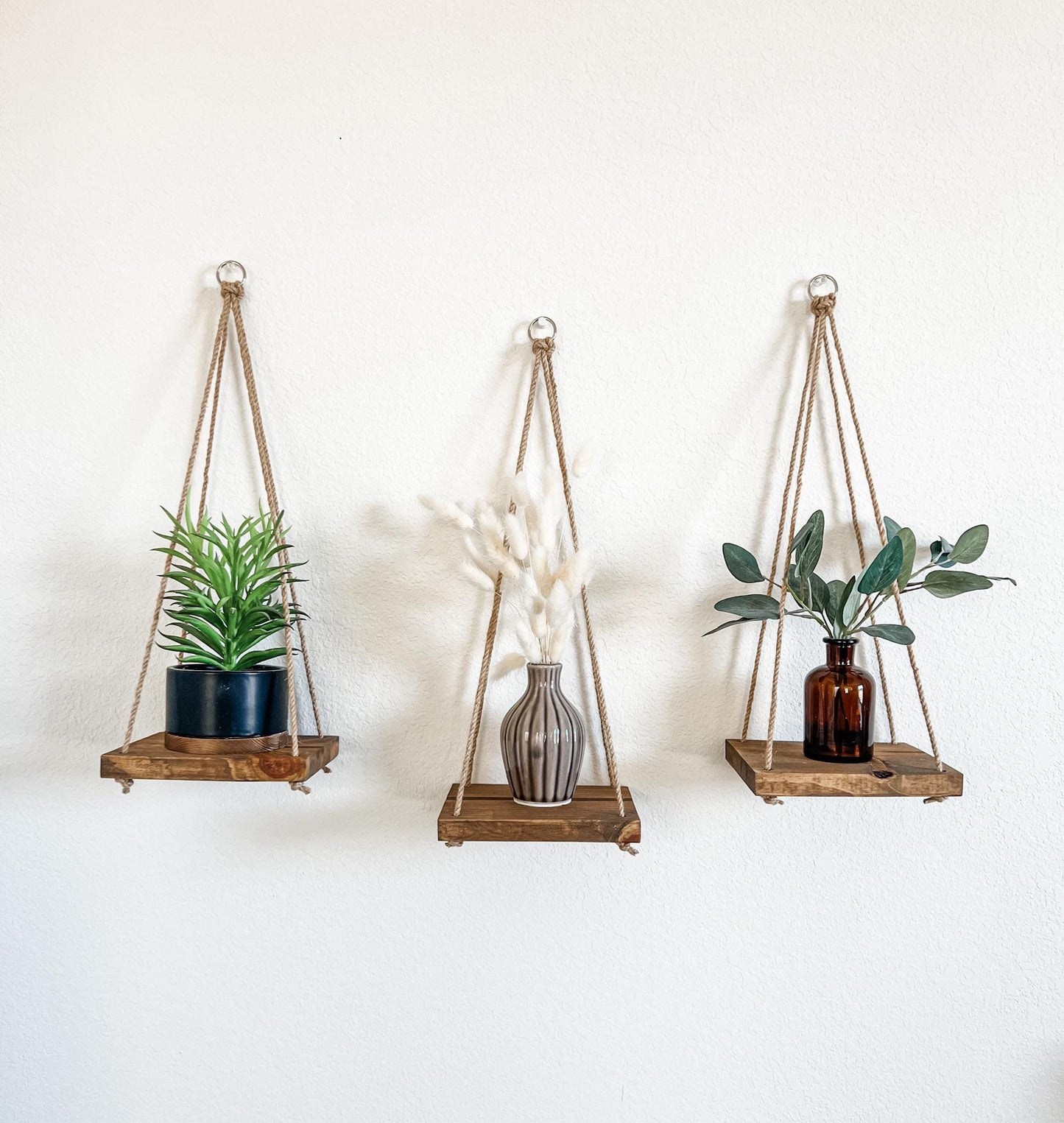 Wood Hanging Shelf Set of 3: Early American Stain, Boho Wall Decor