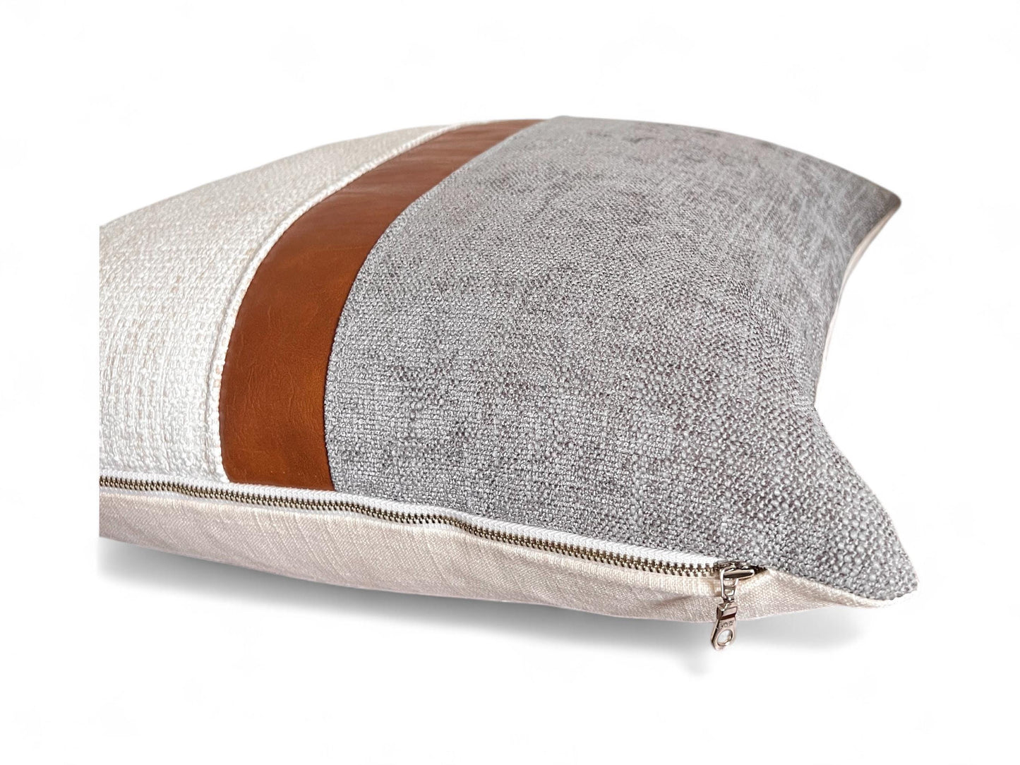 Cognac Faux Leather & Grey Woven Pillow Cover: Farmhouse Decorative Throw Cushions
