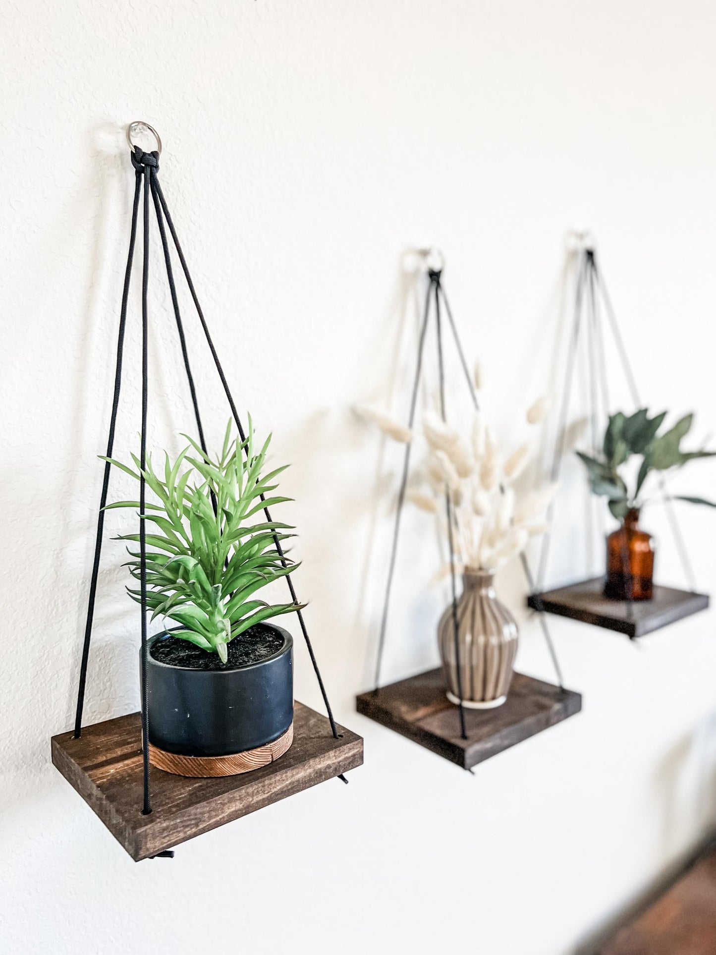 Wood Hanging Shelves Set of 3: Espresso Stain, Black Rope, Small Space