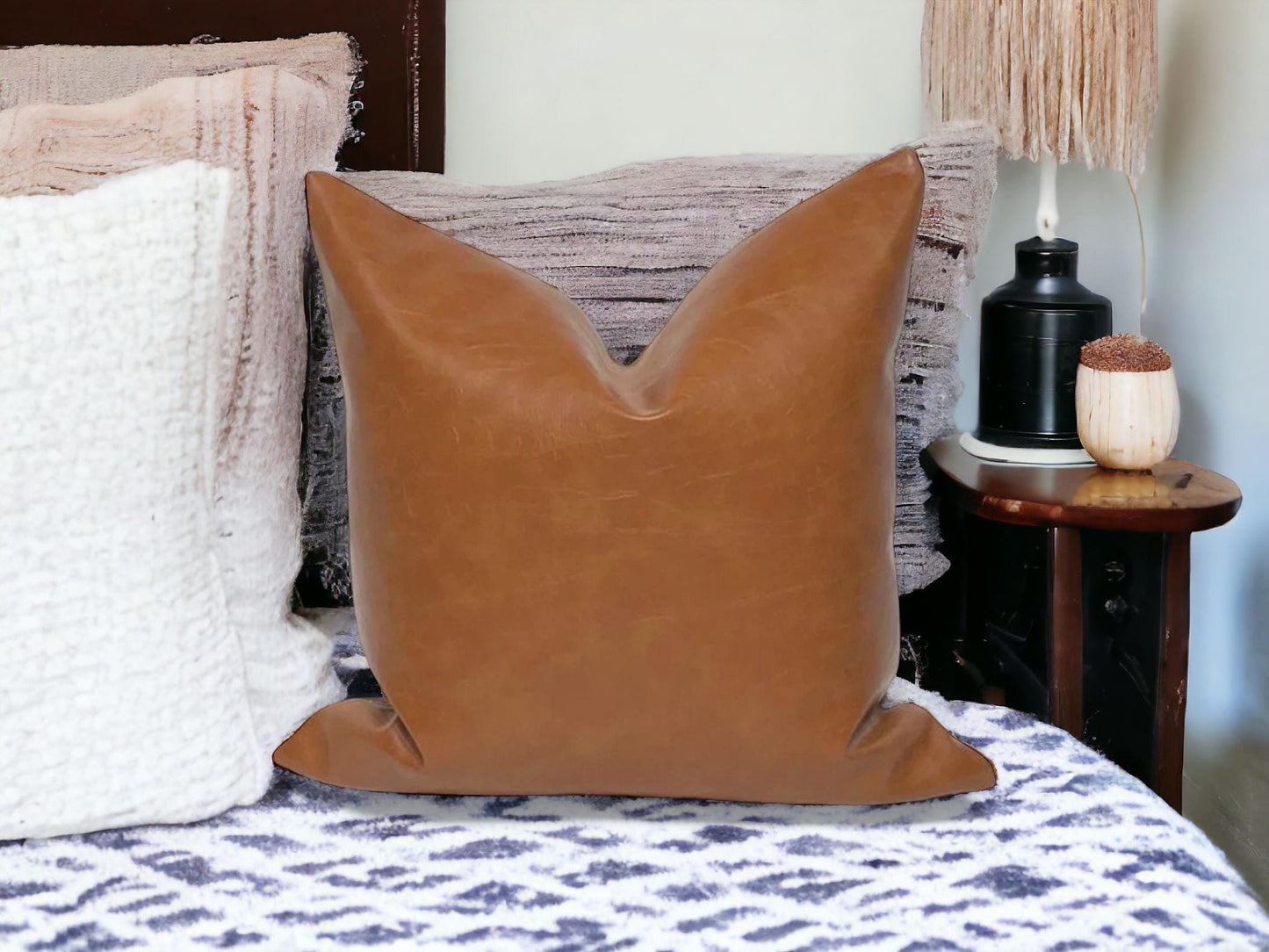Cognac Faux Leather Pillow Cover: Rustic Modern Accent Cushion, Throw Pillow