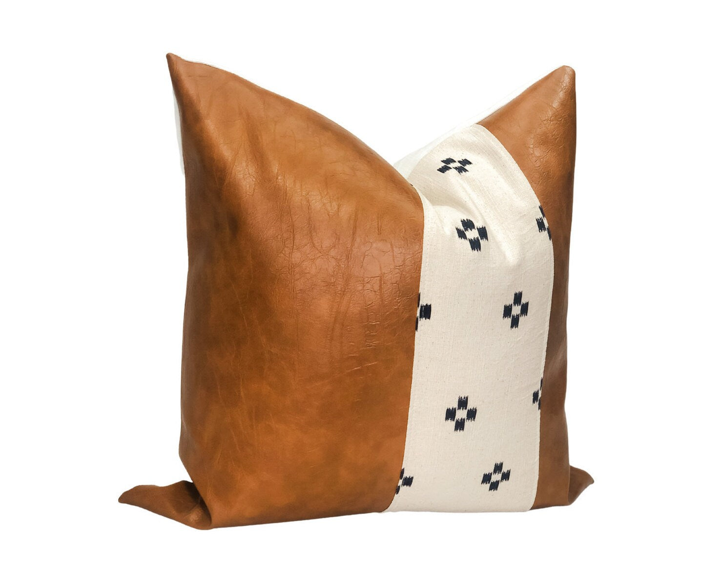 Cognac Faux Leather Pillow Cover: Cream & Blue Squares Accent, Mid-Century Modern Throw Pillow