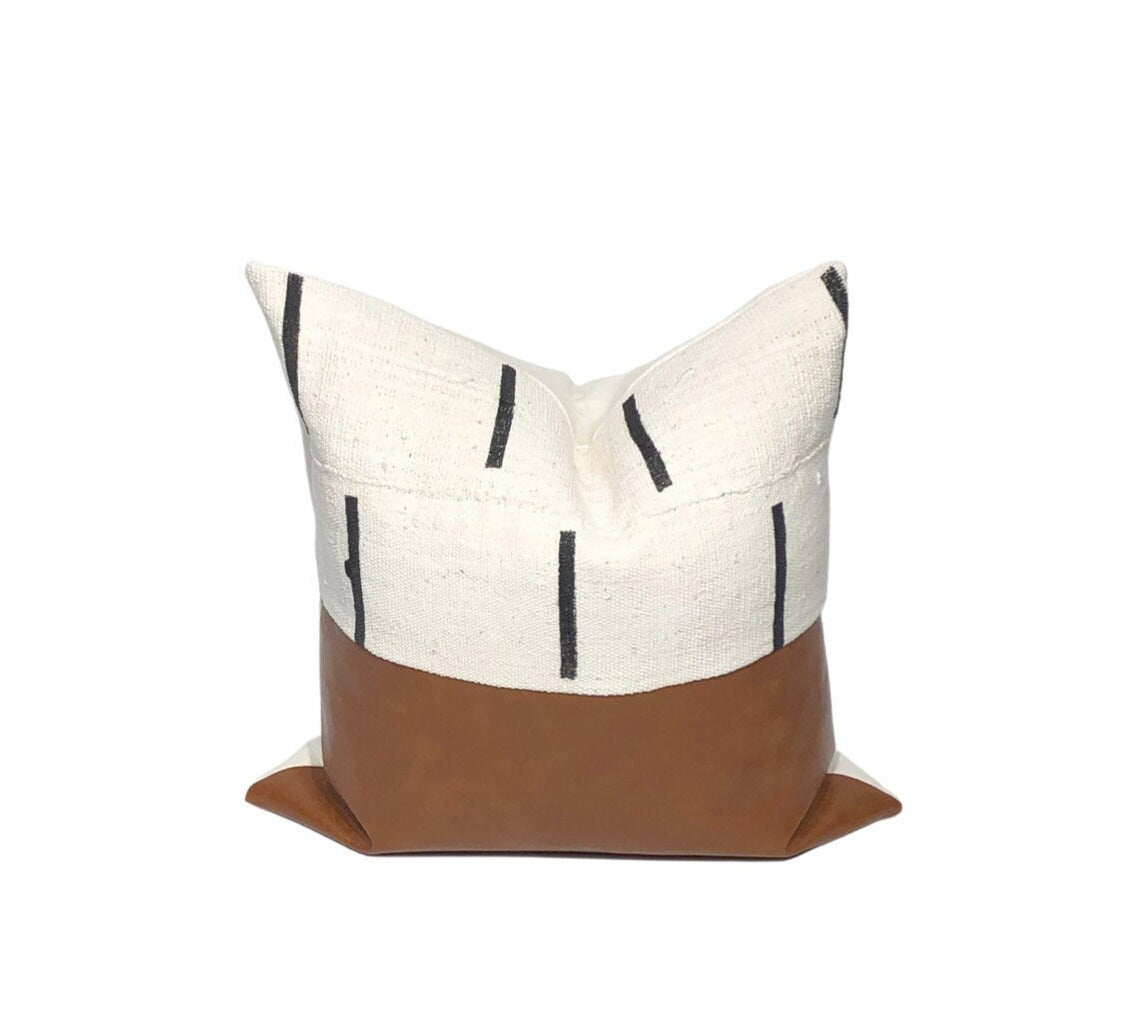 Mudcloth & Faux Leather Pillow Cover: Color Block Accent Pillow, Neutral Home Decor