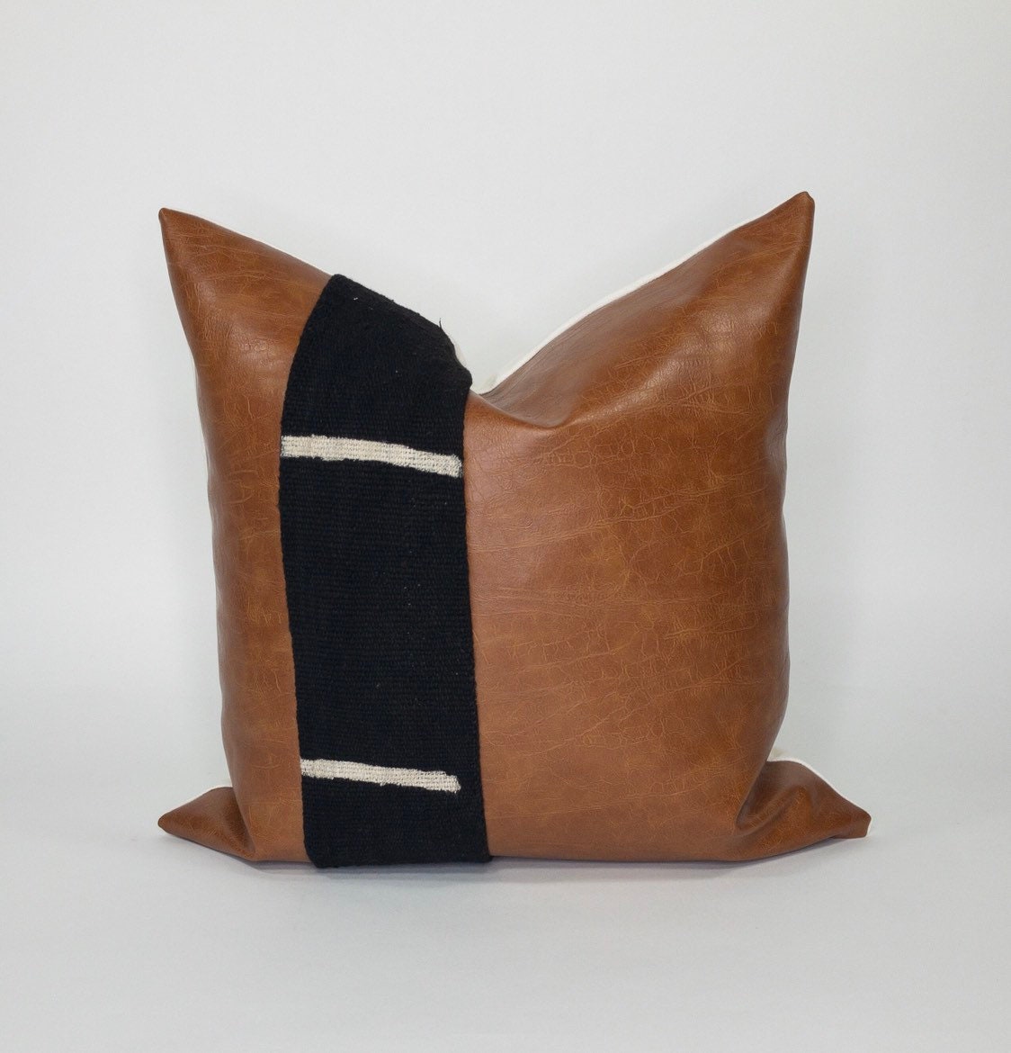 Mudcloth & Faux Leather Pillow Cover: Minimalist Cushion, Mid Century Modern Decor