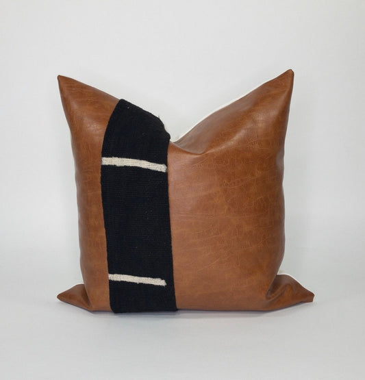 Mudcloth & Faux Leather Pillow Cover: Minimalist Cushion, Mid Century Modern Decor