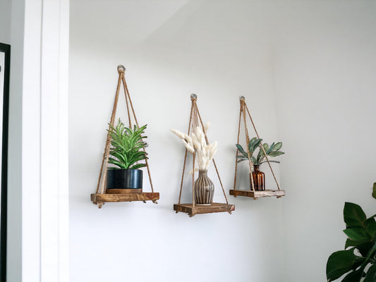 Wood Hanging Shelf Set of 3: Early American Stain, Boho Wall Decor