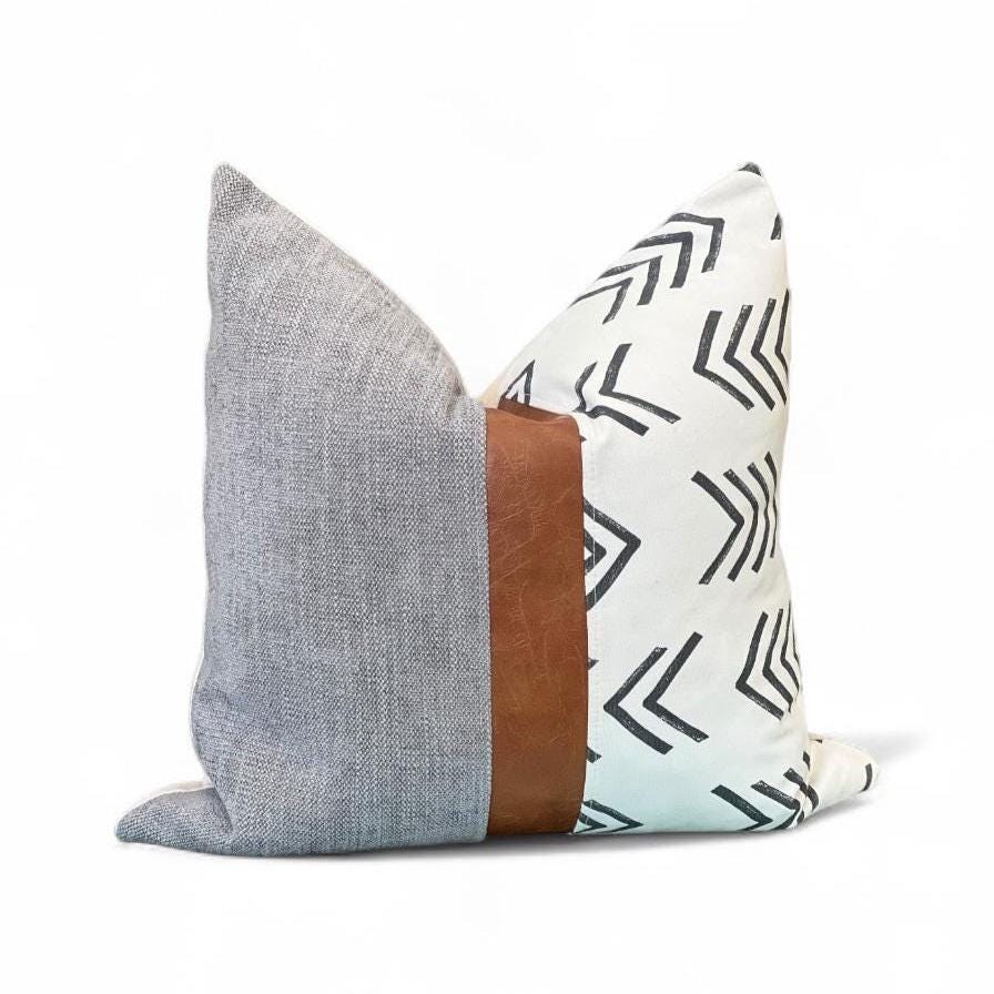 Grey, Boho Geometric Pattern, Cognac Faux Leather: Throw Cushion Case