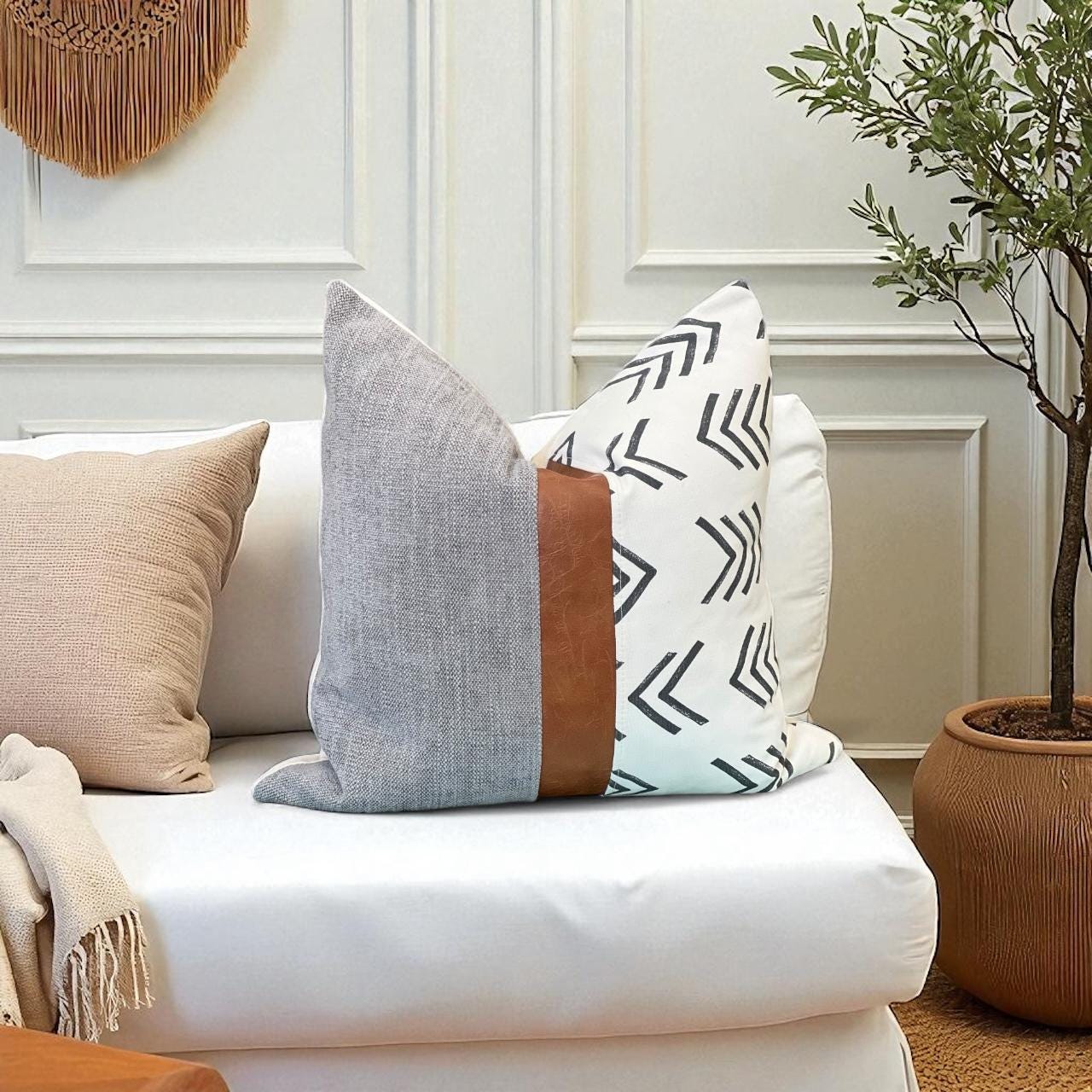 Grey & Cognac Faux Leather Pillow Cover- Neutral Boho Throw Pillow for Sofa or Bed