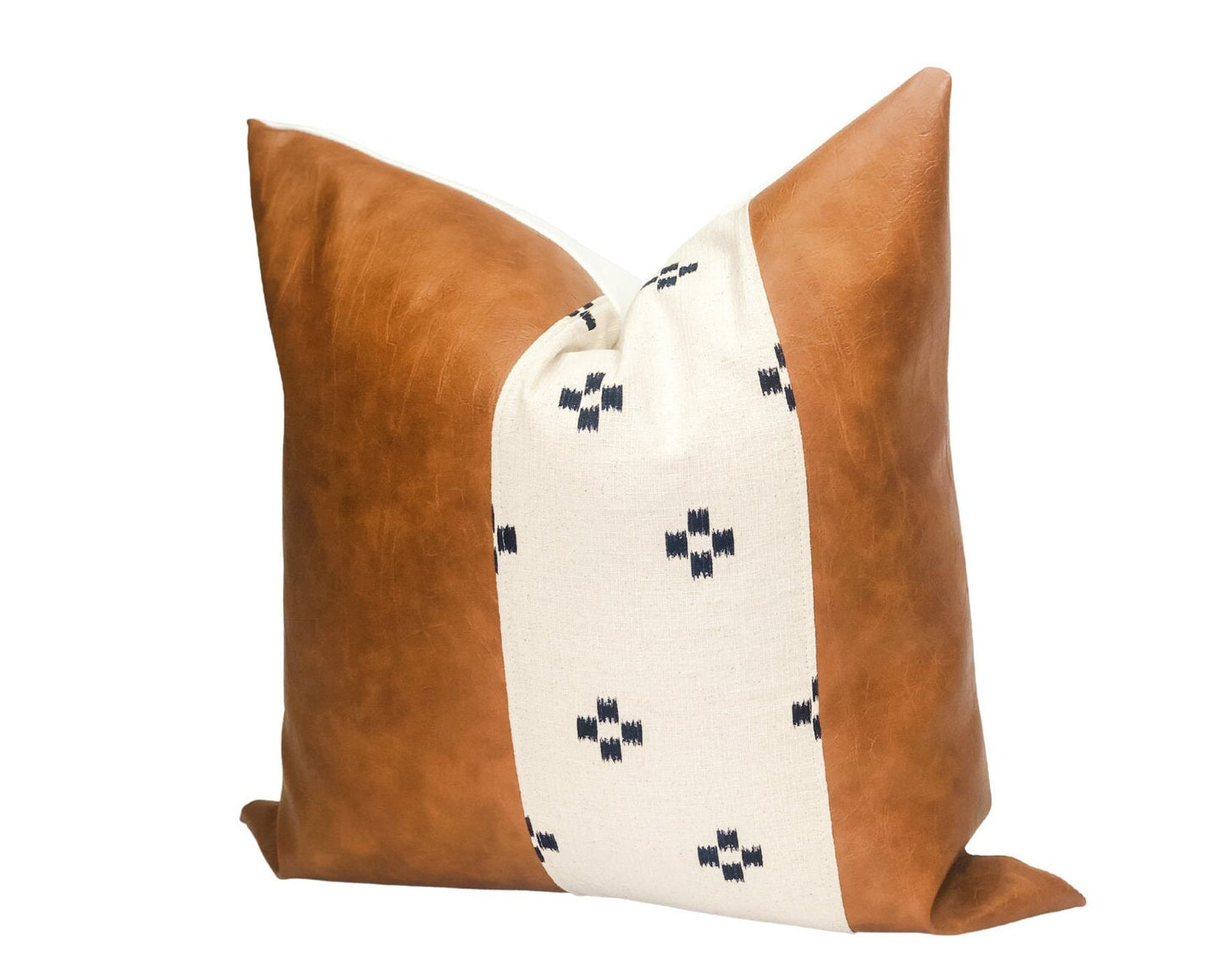 Cognac Faux Leather Pillow Cover: Cream & Blue Squares Accent, Mid-Century Modern Throw Pillow