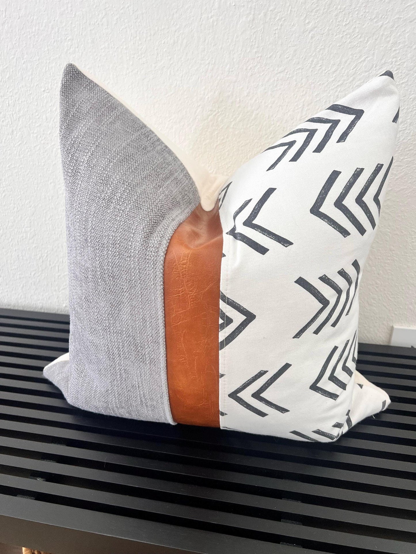 Grey & Cognac Faux Leather Pillow Cover- Neutral Boho Throw Pillow for Sofa or Bed