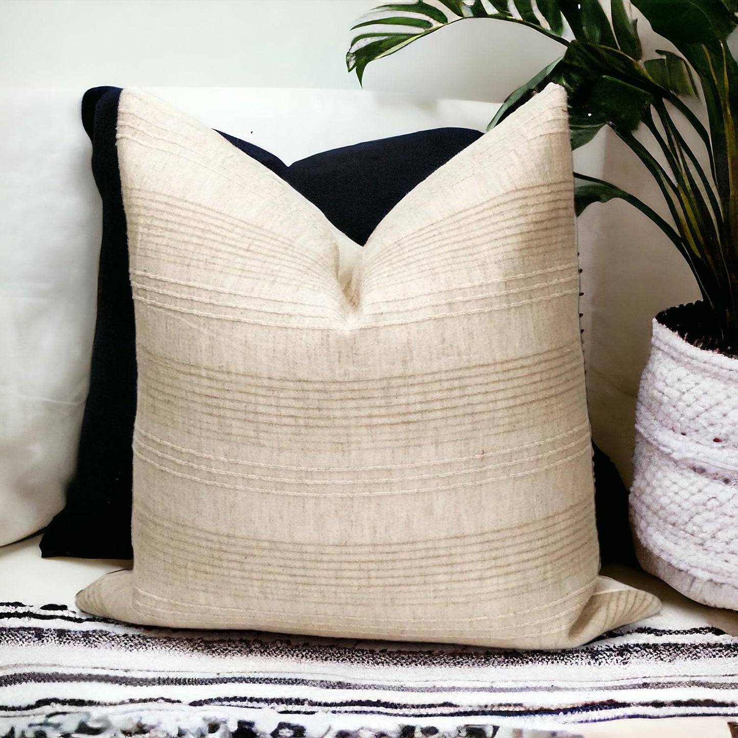 Modern Stripe Linen Pillow Cover: Mid Century Neutral Throw Cushion, Designer Accent