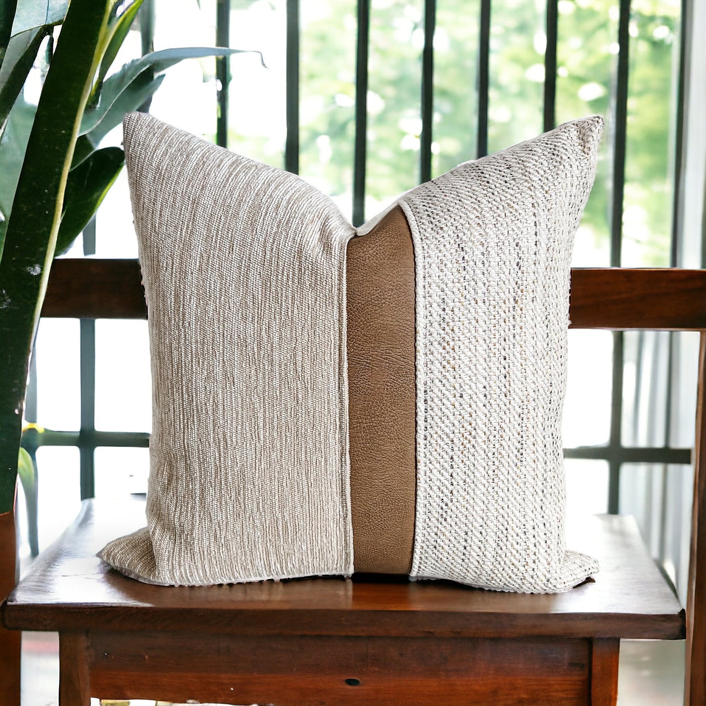 Textured Cream Pillow Cover with Cognac Stripe