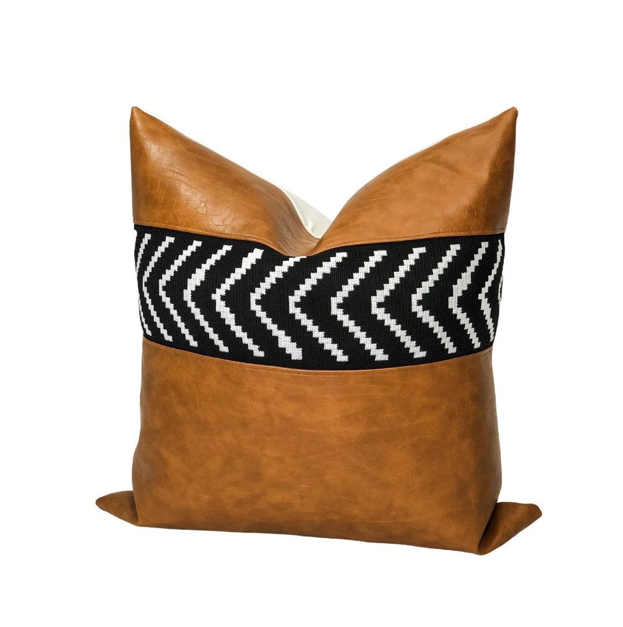 Cognac Faux Leather Pillow Cover: Black Arrow, Modern  Boho Throw Pillow