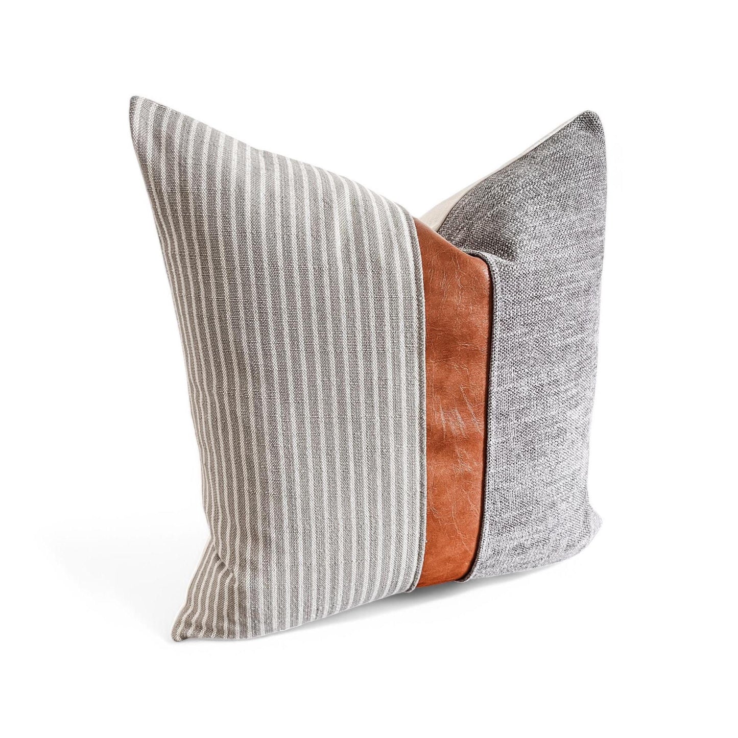 Grey and Cream Woven Stripe, Faux Leather Pillow Cover: Modern Farmhouse Cushion