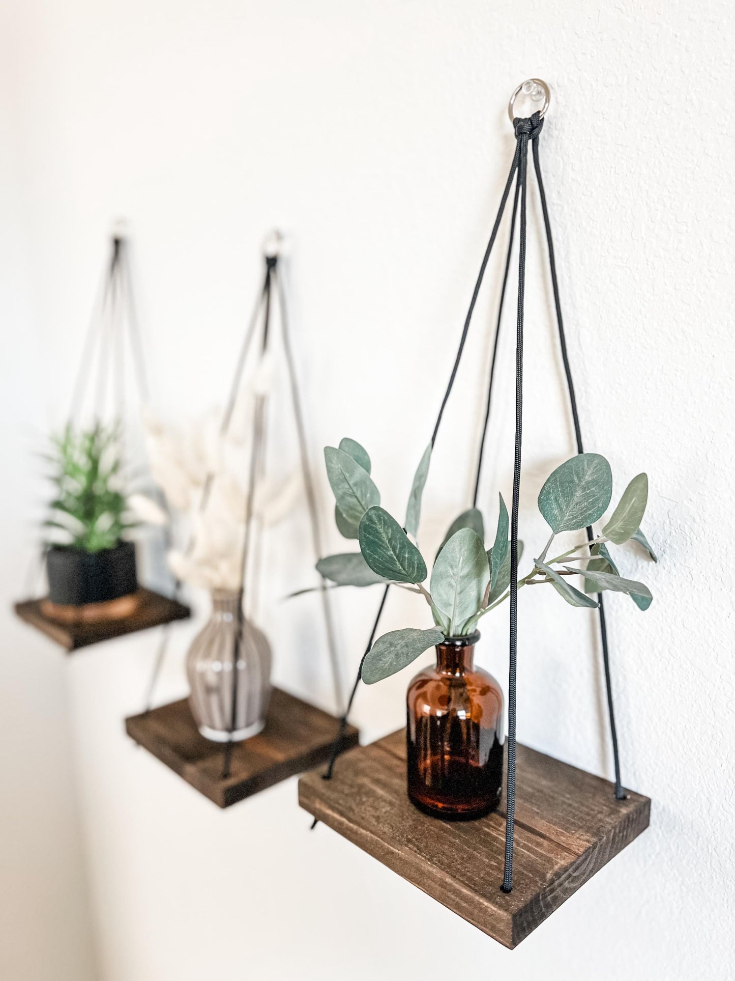 Wood Hanging Shelves Set of 3: Espresso Stain, Black Rope, Small Space