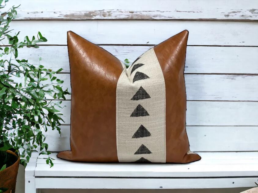 Faux Leather Pillow Cover: Neutral Home Decor,Farmhouse Accent Pillow