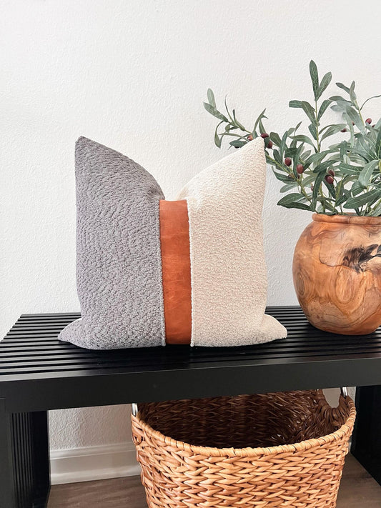 Cognac Faux Leather & Grey Woven Pillow Cover: Farmhouse Decorative Throw Cushions