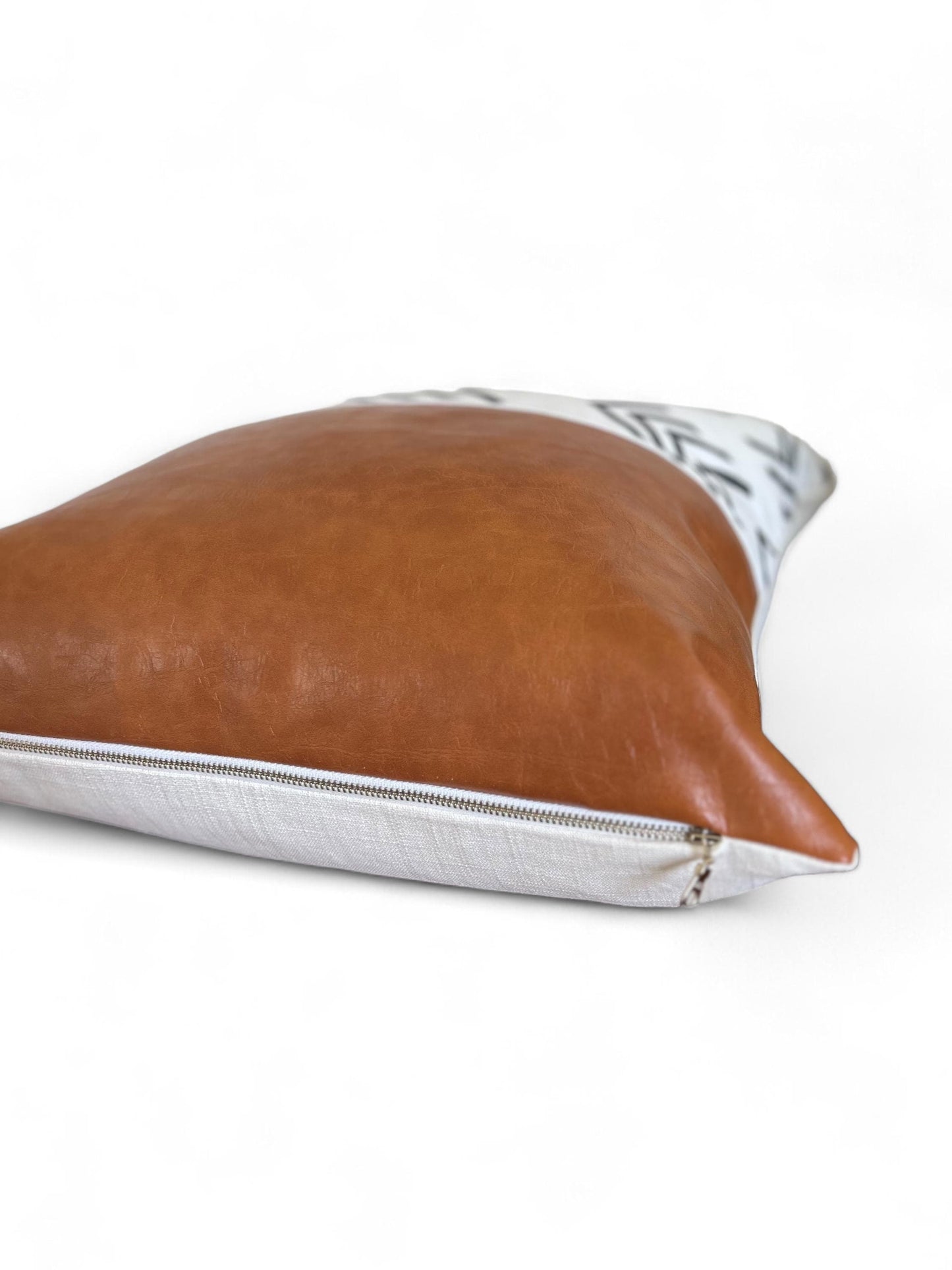 Mudcloth Inspired Print, Cognac Faux Leather Cushion: Boho Throw Pillow