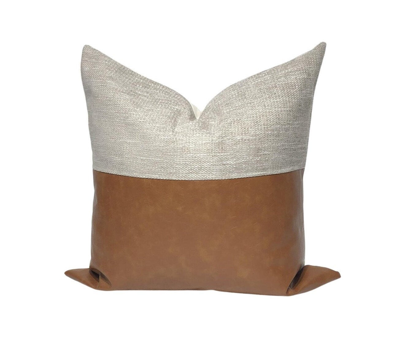 Mid-Century Modern Pillow Cover: Grey Beige & Cognac Faux Leather, Throw Pillow