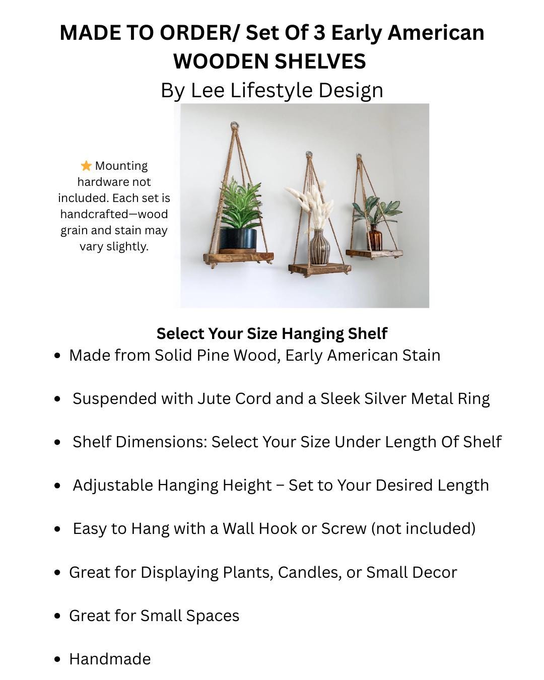 Wood Hanging Shelf Set of 3: Early American Stain, Boho Wall Decor