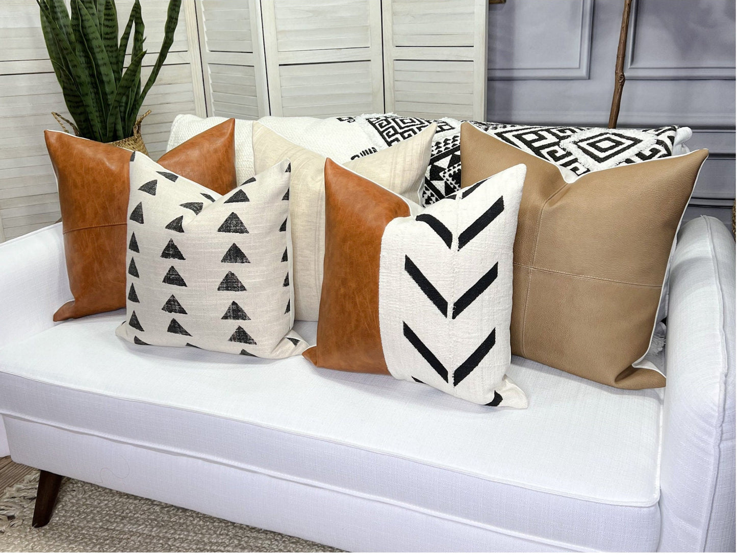 Tan Faux Leather Pillow Cover, Hand Stitched, Modern Farmhouse Throw Pillow