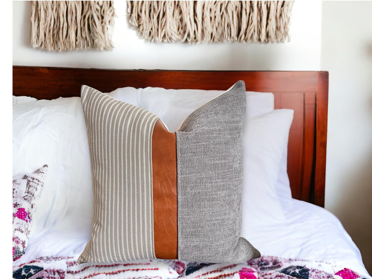 Grey & White Striped Pillow Cover: Cognac Faux Leather with Grey Woven Fabric, Farmhouse Decor