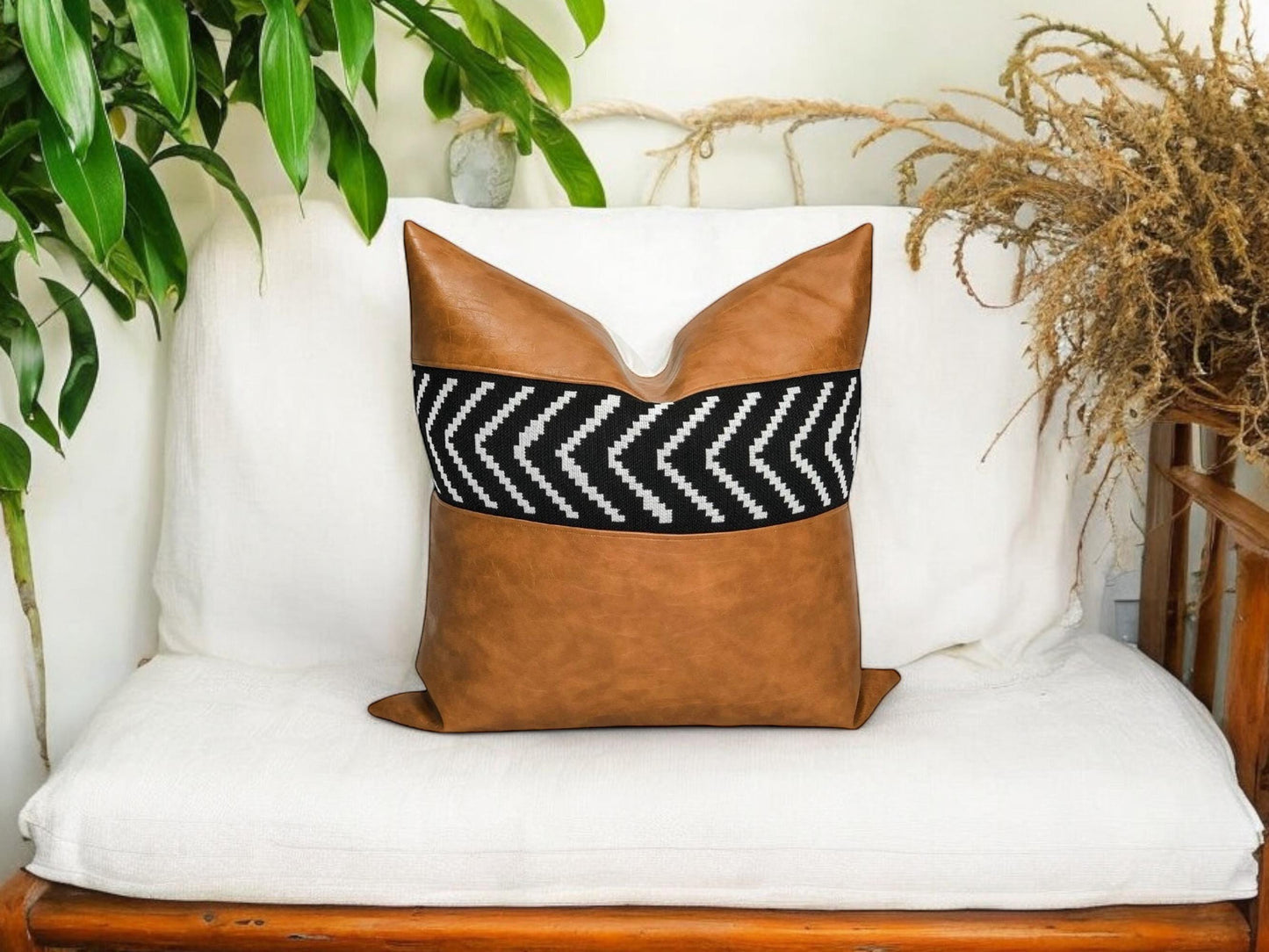 Cognac Faux Leather Pillow Cover: Black Arrow, Modern  Boho Throw Pillow