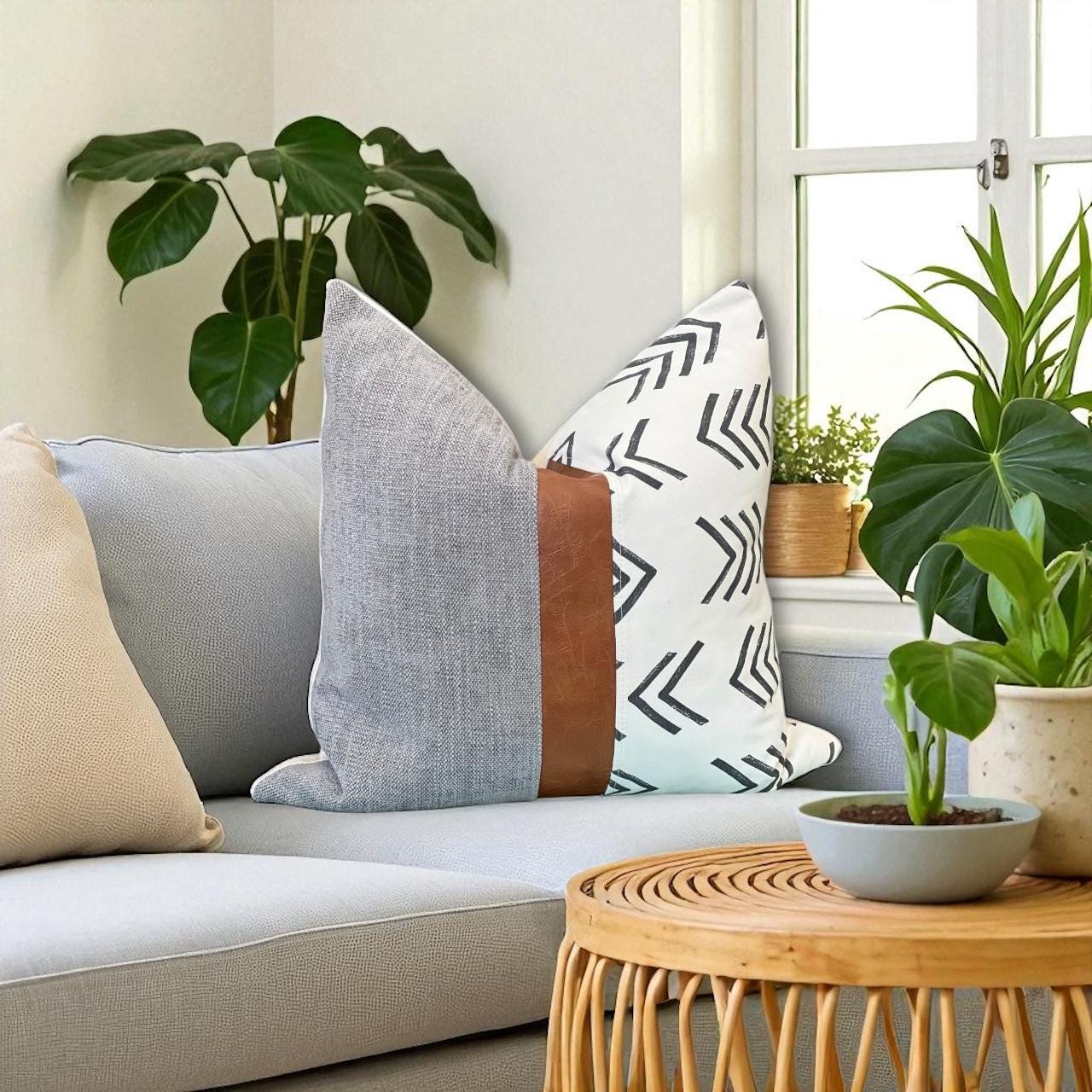 Grey, Boho Geometric Pattern, Cognac Faux Leather: Throw Cushion Case