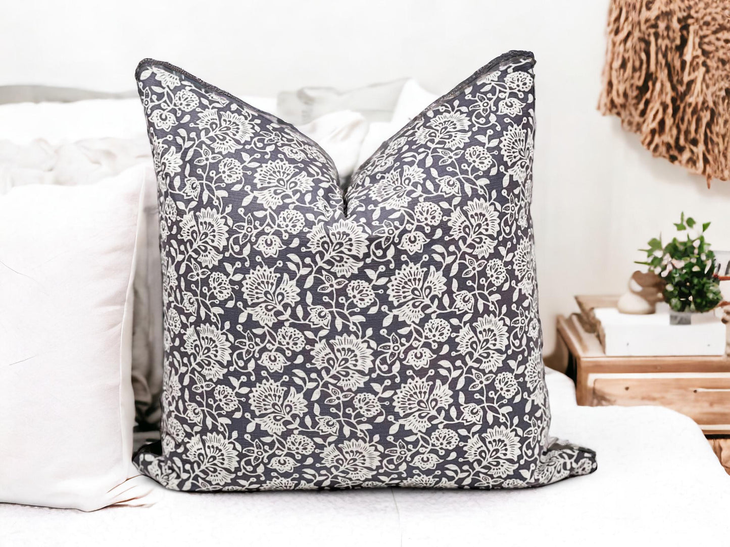 Grey Floral Pillow Cover: Modern Boho Throw Pillow, Decorative Sofa Cushion