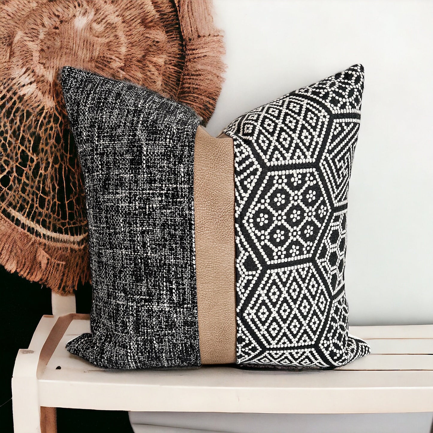 Black Woven Fabric with Tan Faux Leather Pillow Cover: Farmhouse Throw Pillow