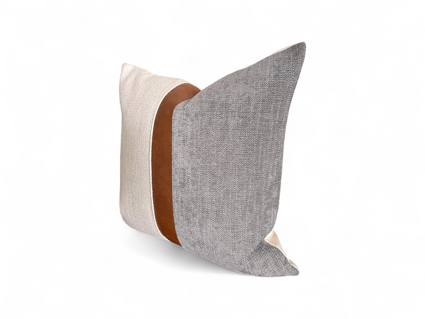 Cognac Faux Leather & Grey Woven Pillow Cover: Farmhouse Decorative Throw Cushions