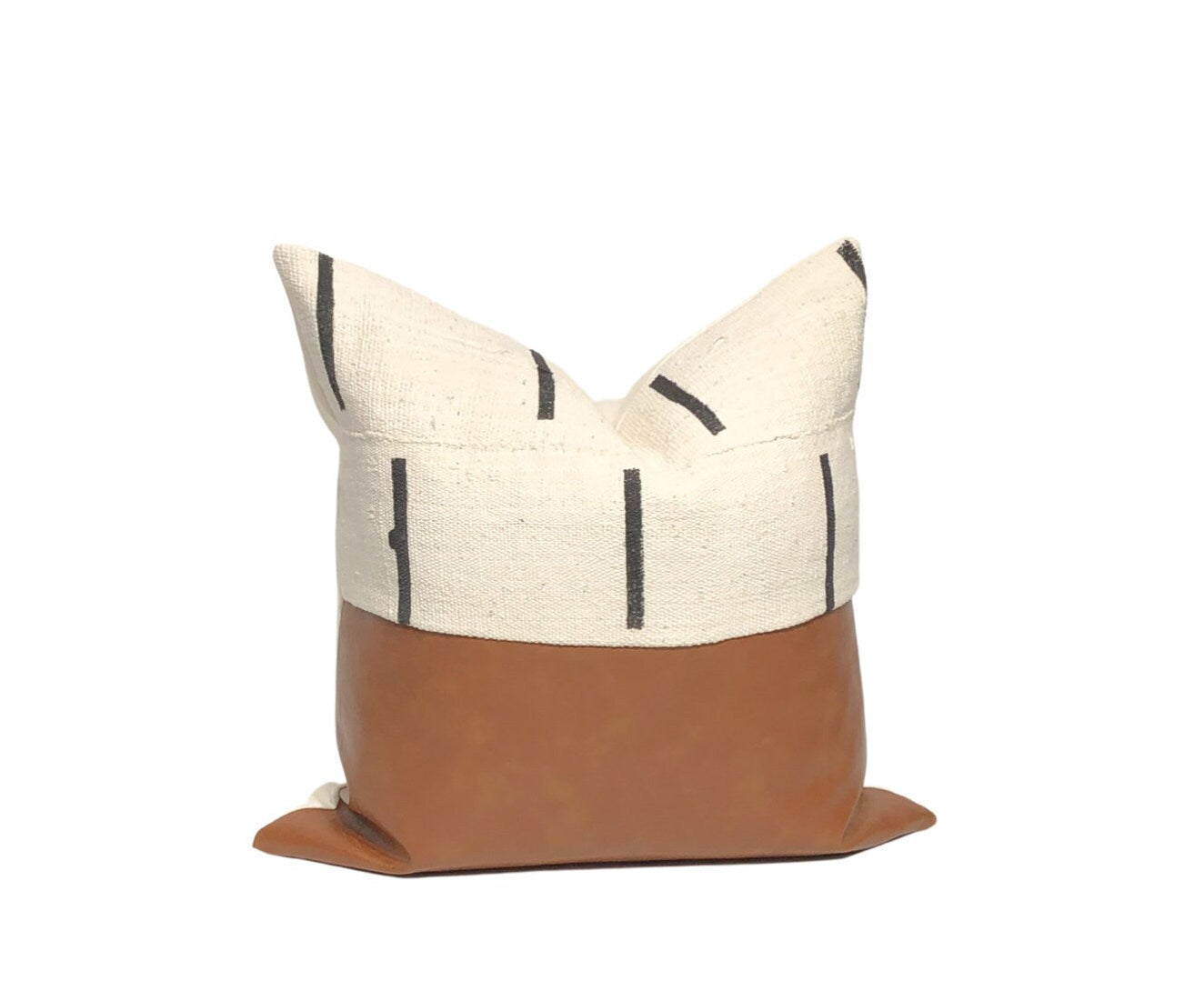Mudcloth & Faux Leather Pillow Cover: Color Block Accent Pillow, Neutral Home Decor