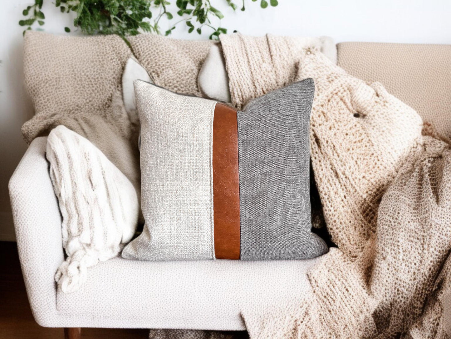 Cognac Faux Leather & Grey Woven Pillow Cover: Farmhouse Decorative Throw Cushions