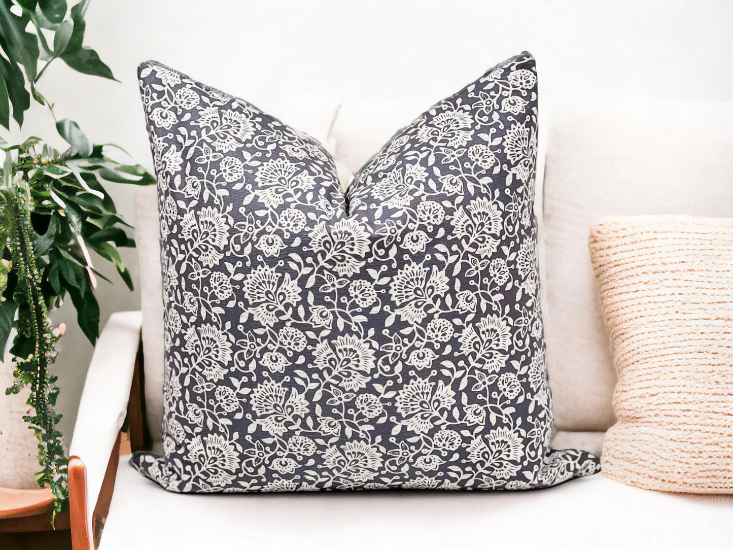 Grey Floral Pillow Cover: Modern Boho Throw Pillow, Decorative Sofa Cushion