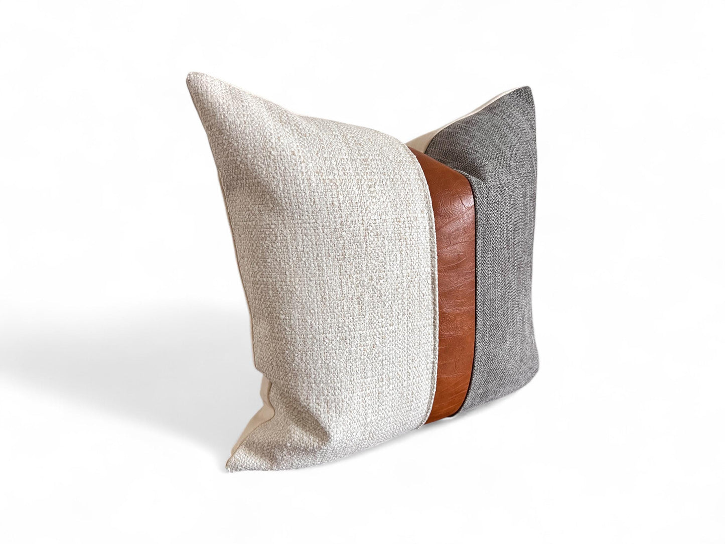 Cognac Faux Leather & Grey Woven Pillow Cover: Farmhouse Decorative Throw Cushions
