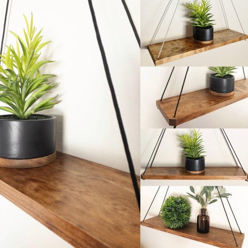 Wood Hanging Shelf: Handmade Farmhouse Decor with Black Rope & Silver Ring