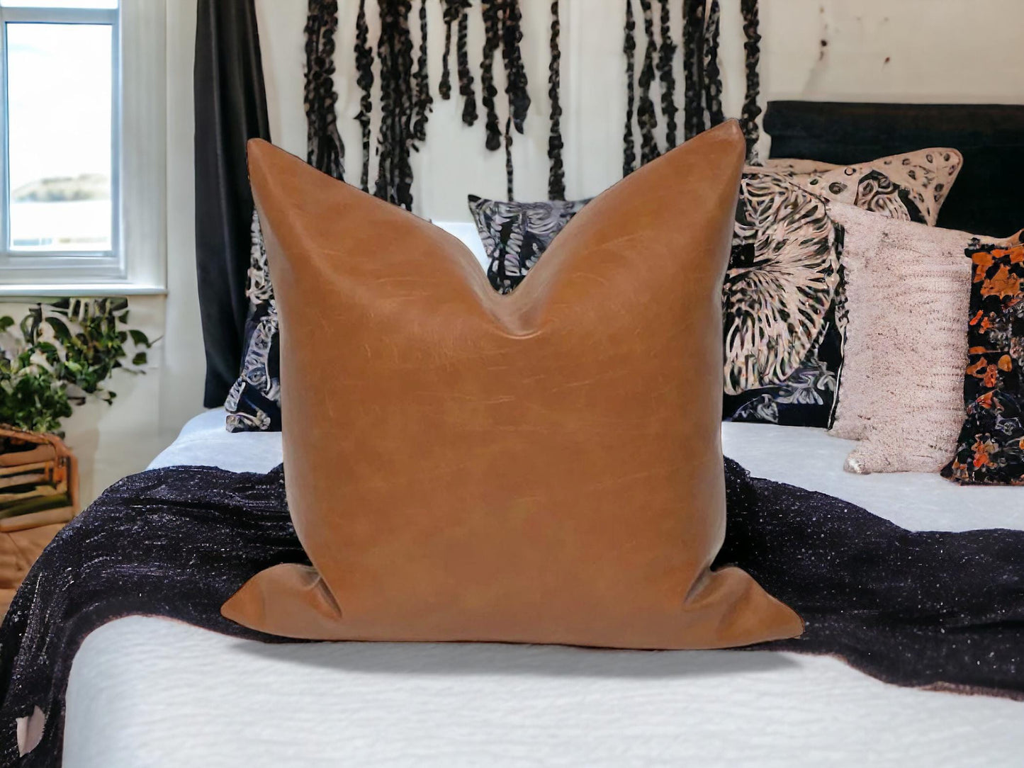 Cognac Faux Leather Pillow Cover: Rustic Modern Accent Cushion, Throw Pillow