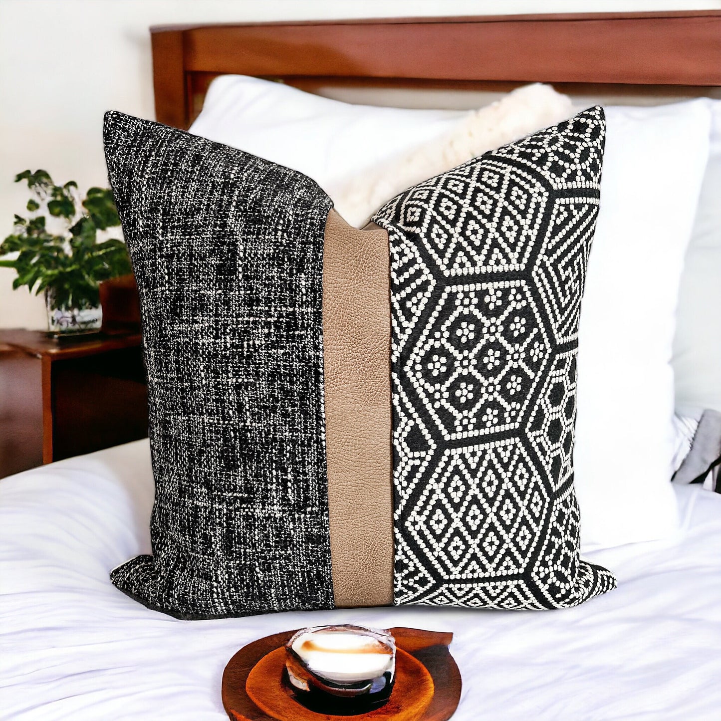 Black Woven Fabric with Tan Faux Leather Pillow Cover: Farmhouse Throw Pillow