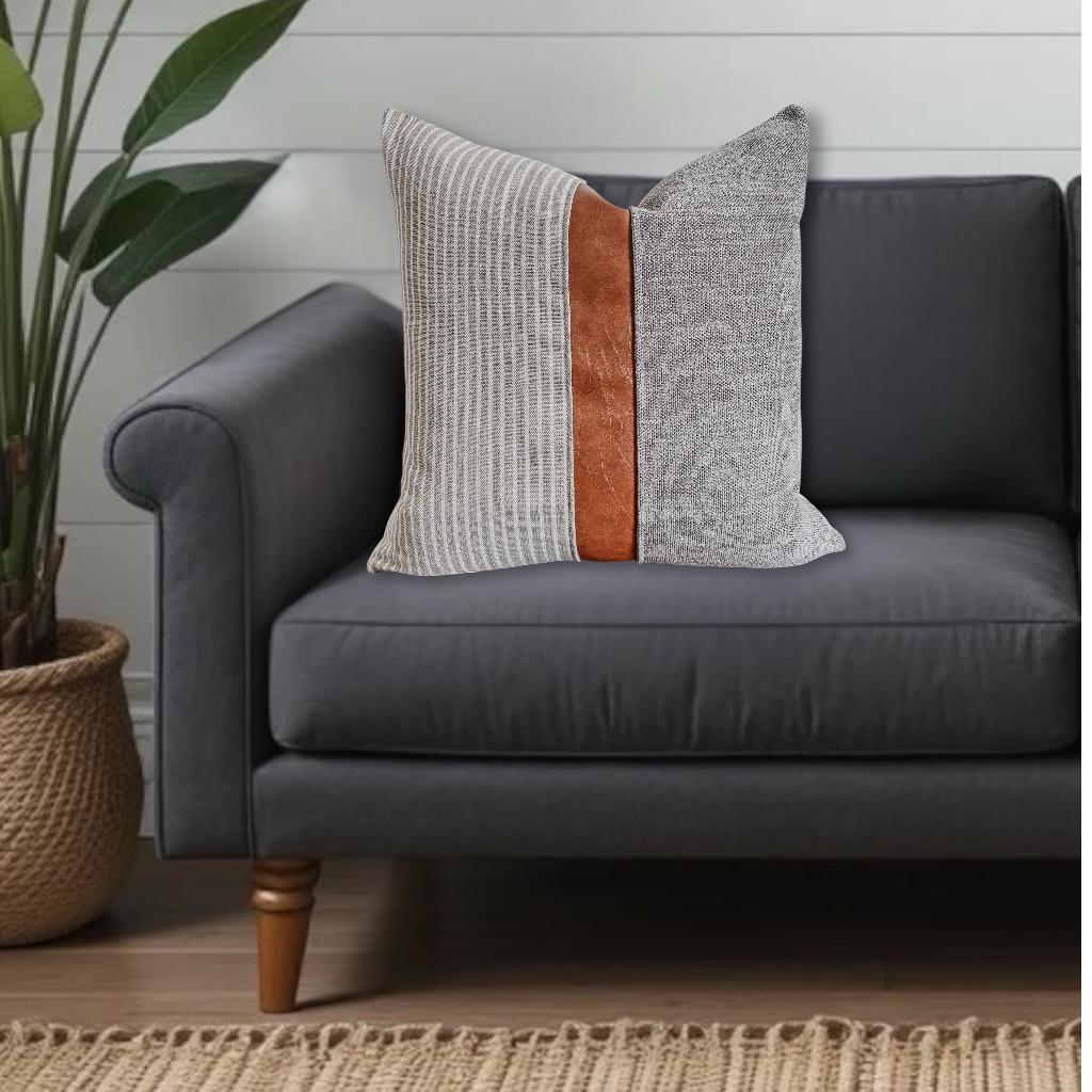 Grey & White Striped Pillow Cover: Cognac Faux Leather with Grey Woven Fabric, Farmhouse Decor