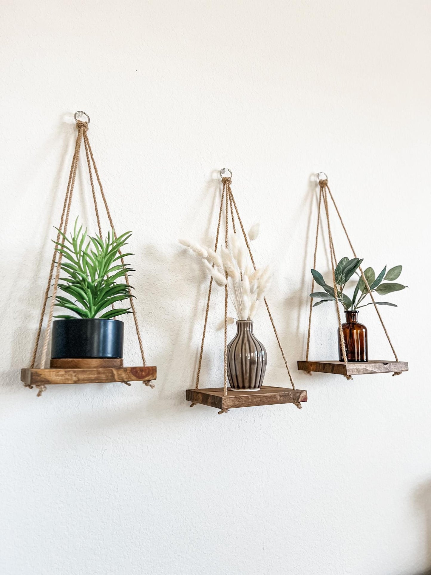Wood Hanging Shelf Set of 3: Early American Stain, Boho Wall Decor