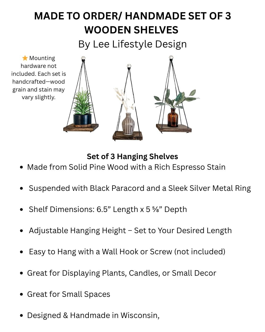 Wood Hanging Shelves Set of 3: Espresso Stain, Black Rope, Small Space
