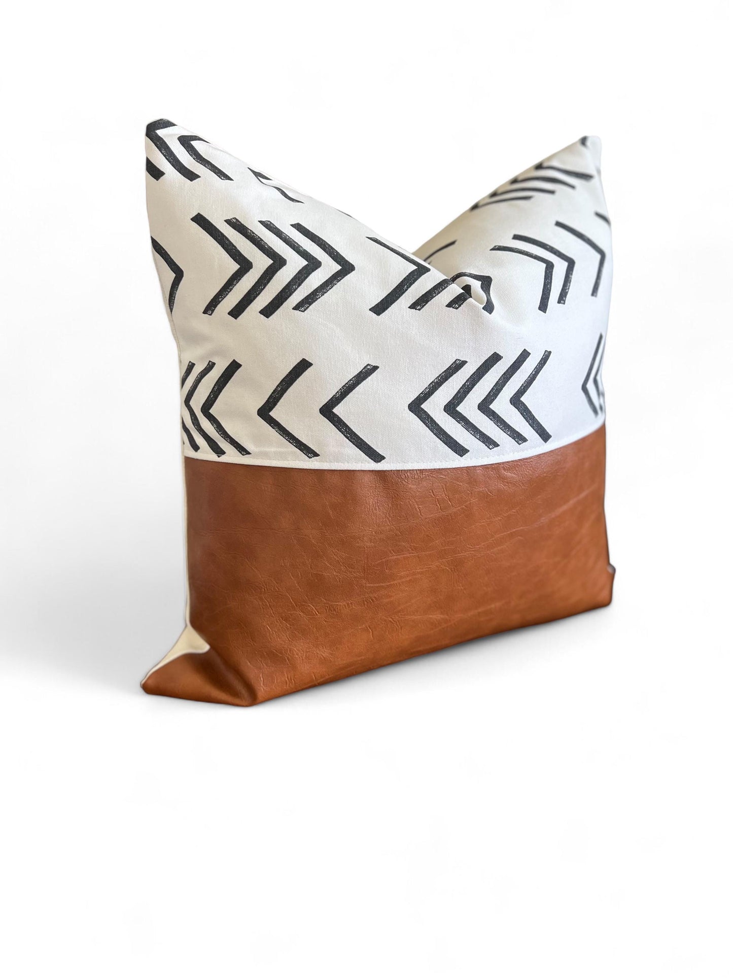 Boho Throw Pillow Cover: Cognac Faux Leather, White with Black Arrows, Farmhouse Decor