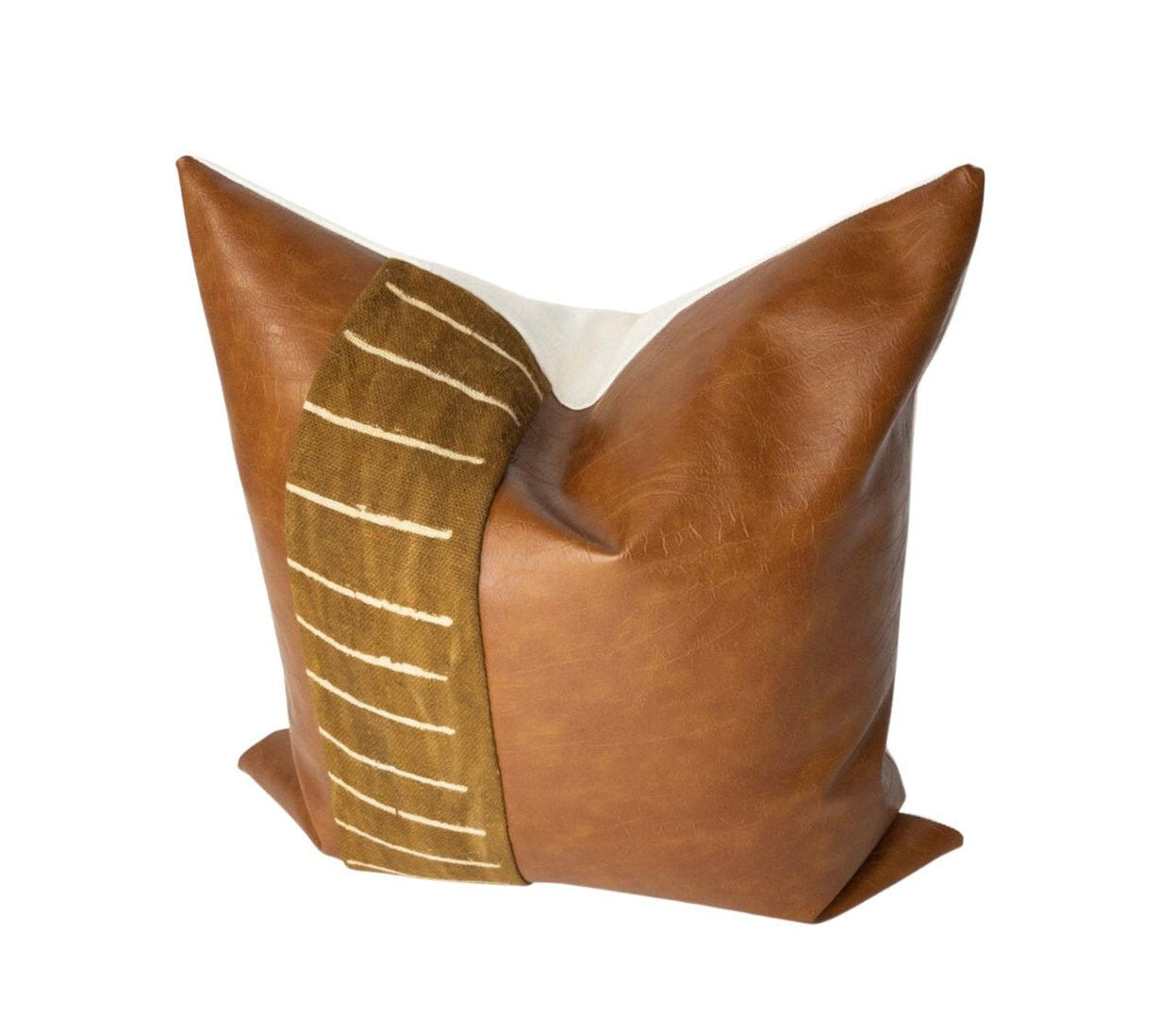 Handmade Cognac Leather & Mudcloth Pillow Cover: Mid-Century Home Decor, Accent