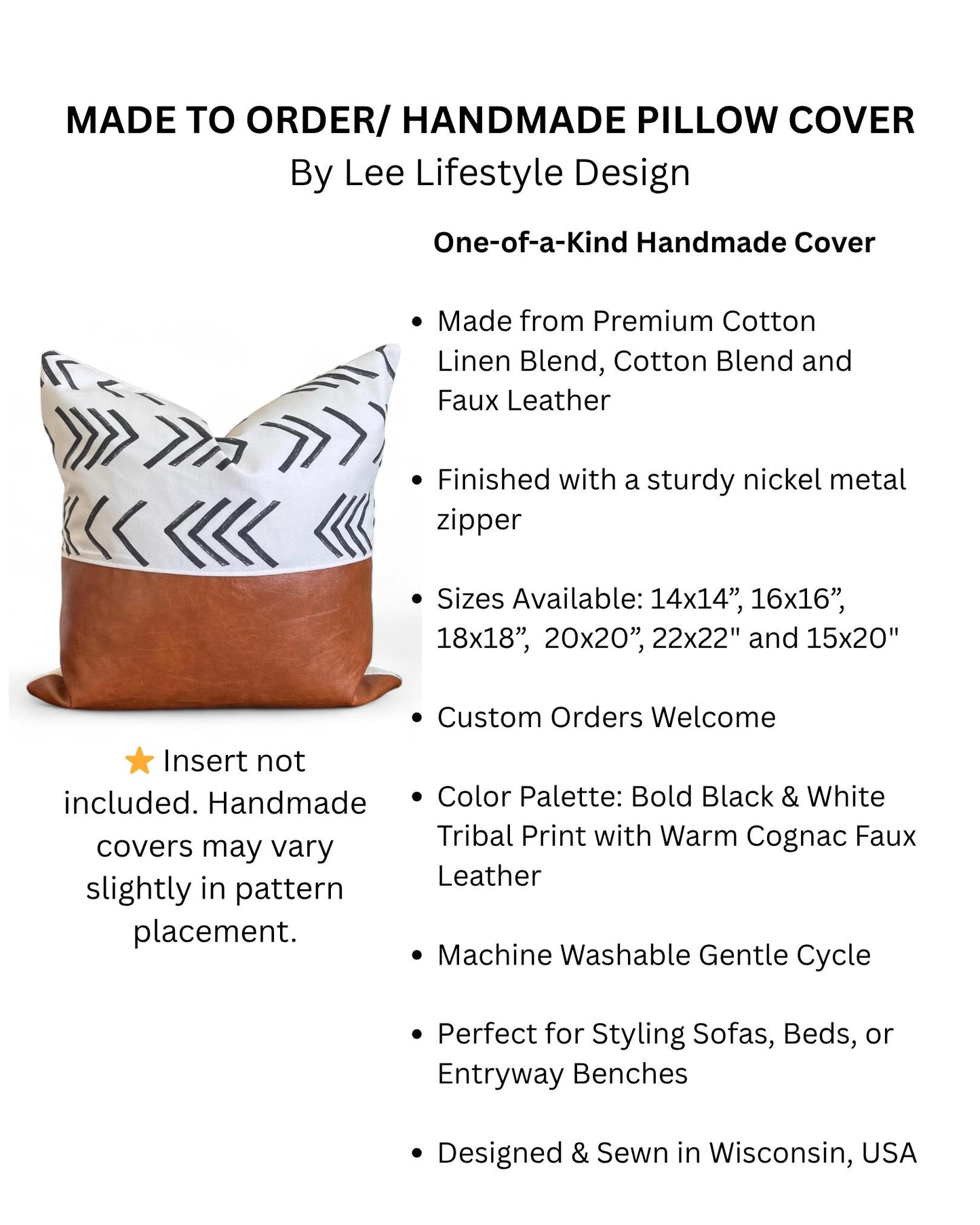 Mudcloth Inspired Print, Cognac Faux Leather Cushion: Boho Throw Pillow