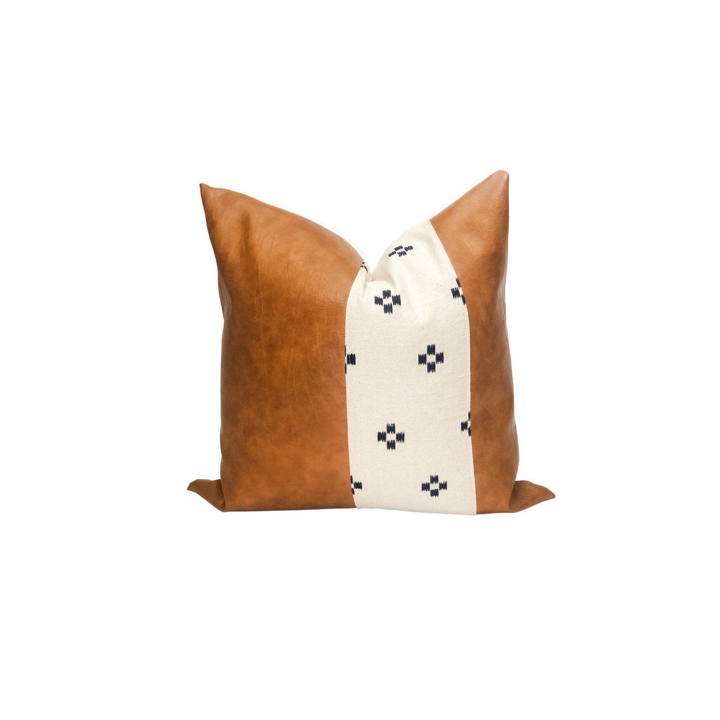 Cognac Faux Leather Pillow Cover: Cream & Blue Squares Accent, Mid-Century Modern Throw Pillow