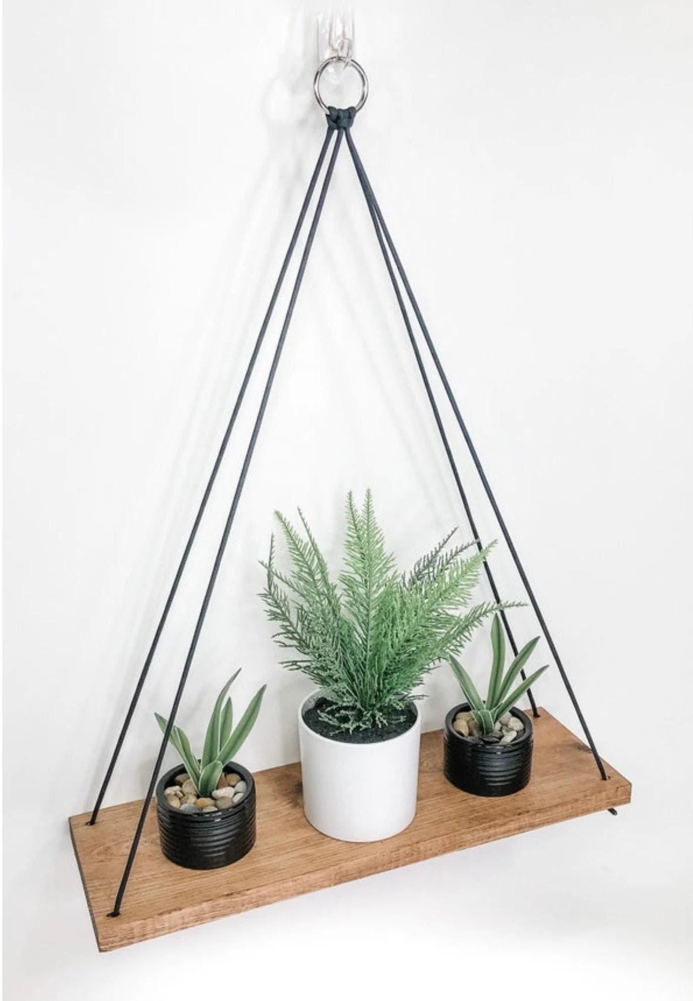 Hanging Shelf Red Oak: Rustic Wall Shelf With Black Rope, Unique Farmhouse Decor