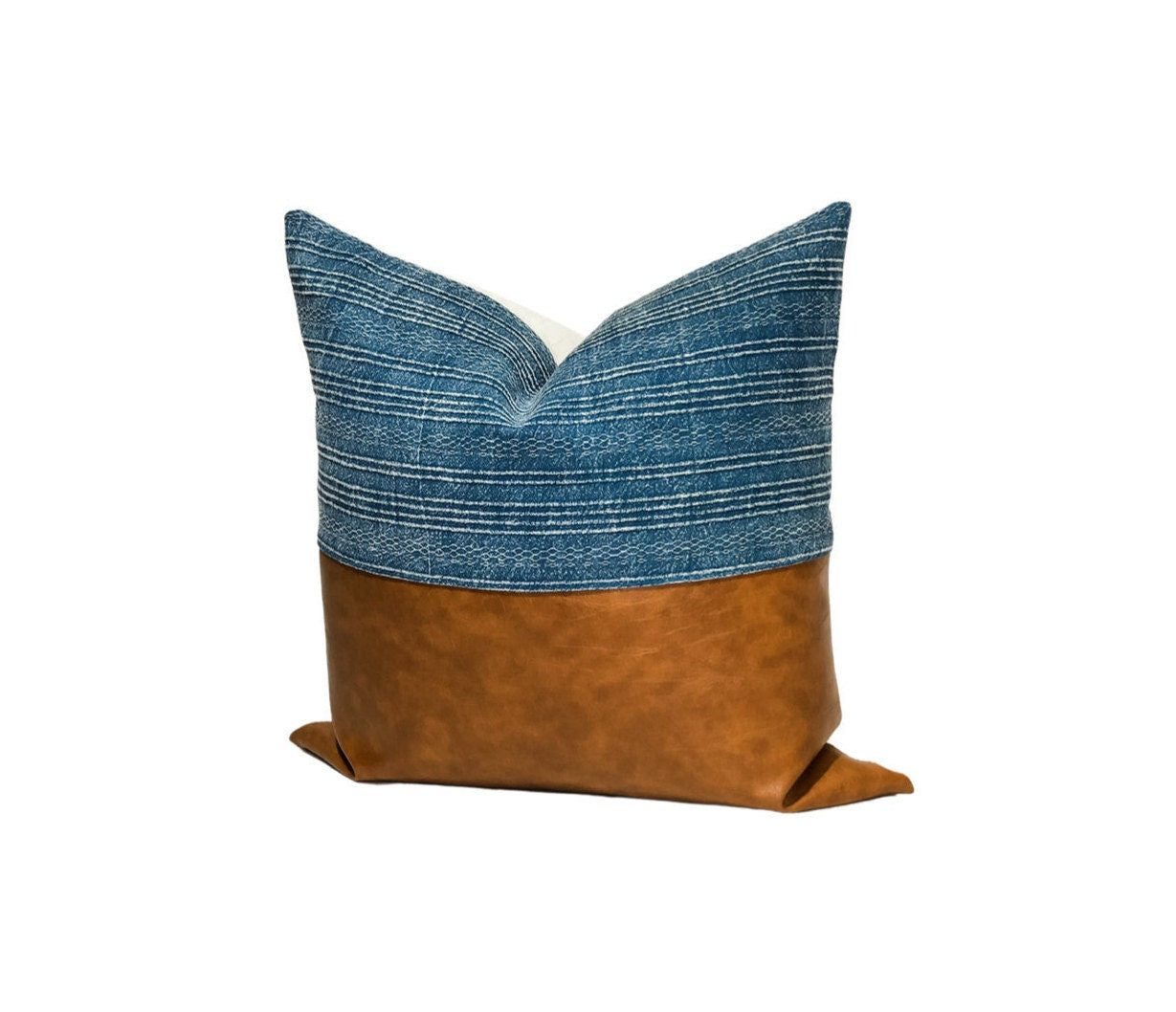 Blue Woven & Faux Leather Pillow Cover: Modern Farmhouse Throw Pillow Cushion