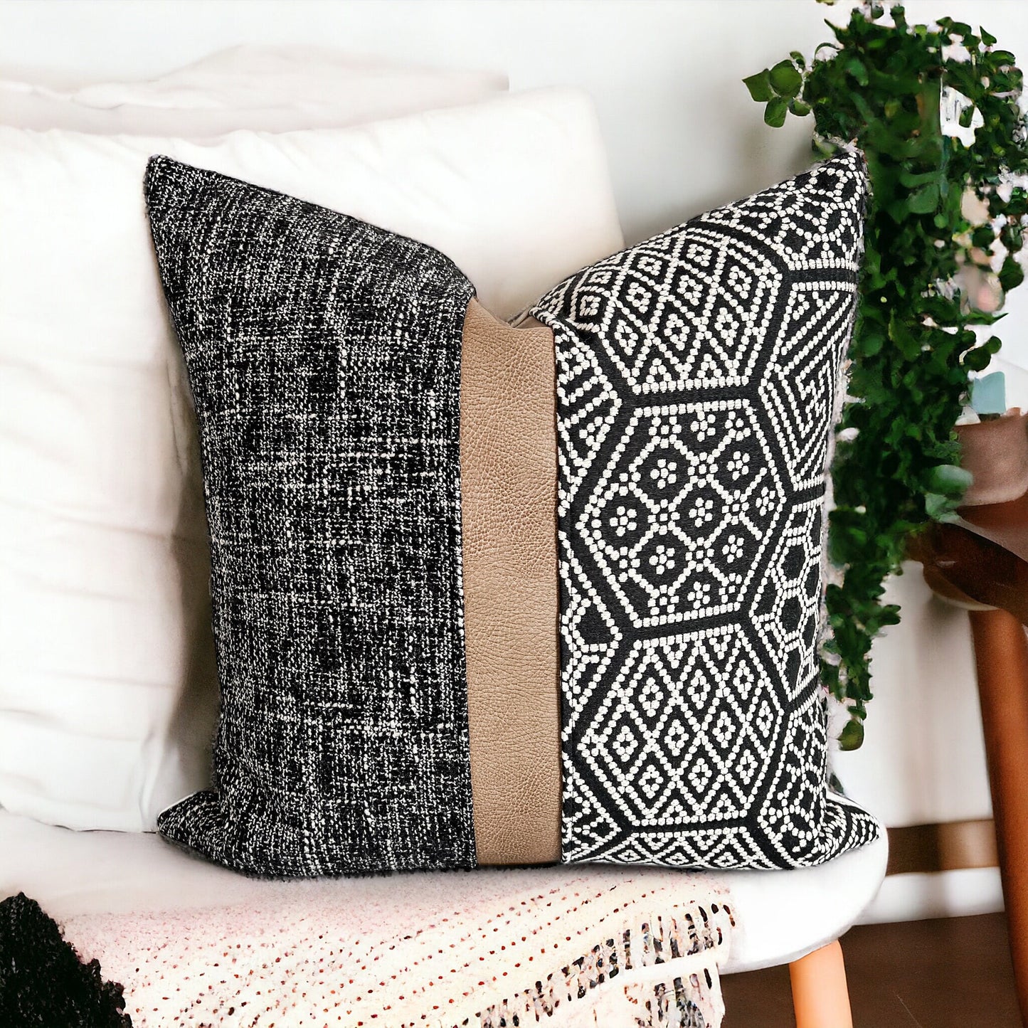 Black Woven Fabric with Tan Faux Leather Pillow Cover: Farmhouse Throw Pillow
