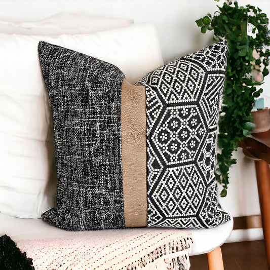 Black Woven Fabric with Tan Faux Leather Pillow Cover: Farmhouse Throw Pillow