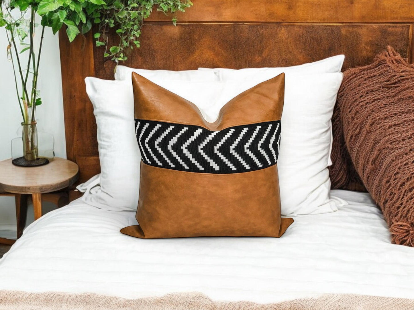 Cognac Faux Leather Pillow Cover: Black Arrow, Modern  Boho Throw Pillow