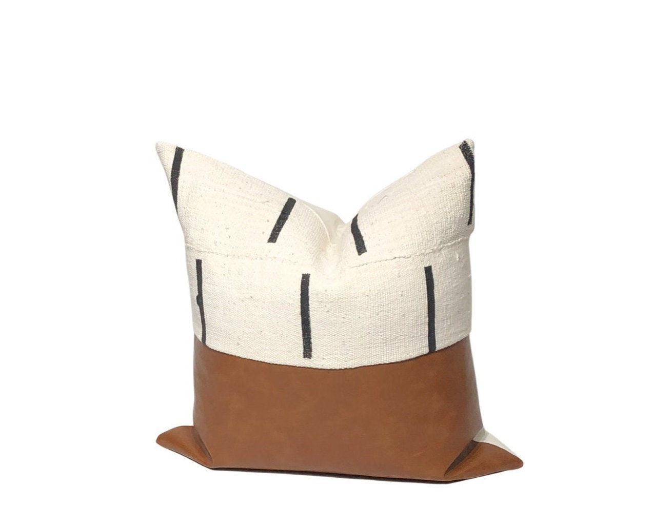 Mudcloth & Faux Leather Pillow Cover: Color Block Accent Pillow, Neutral Home Decor